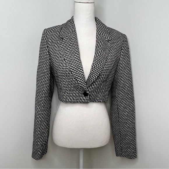 Zara Womens Cropped Blazer Size Medium Black White Gingham Open Front Preppy - Picture 1 of 12